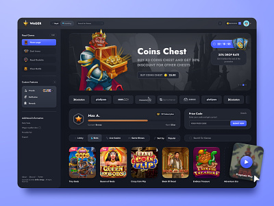 Wager: Home page 2d art bets betting casino dashboard gambling game game interface illustration level lottery nft game p2e game product design roulette slots uiux web design win