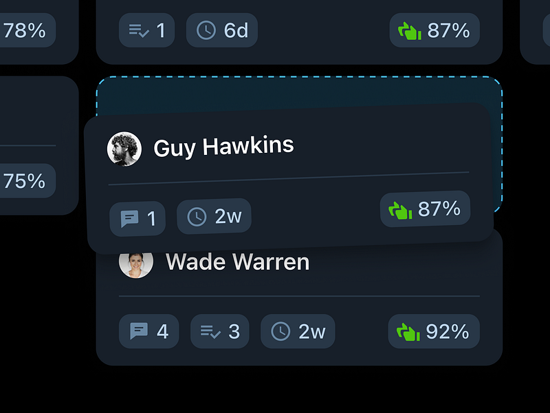 Candidate Card - Hiring Pipeline Board ats candidate card dark dark mode design dnd drag and drop dropzone figma hiring interactions kanban mobile saas ui ux ui