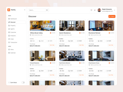 Netify-Real estate Discover Page Design agency analysis analytics dashboard landingpage realestate realestatedashboard realestatewebsite saas ui uidesign uikit web webui