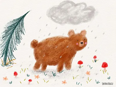 Bear Illustration autumn bear bear illustration childrens book design cute design digital art fall flowers forest hand drawn illustration illustrator kids illustration mushrooms oil pastels rain tree woodland