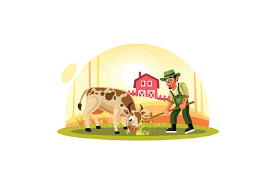 Farmers Feeding Grass to Cow in Farm village