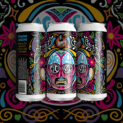 Macho Ancho Wrestling Beer Can Label Design beer bier brewery cerveza colorful custom lettering day of the dead dia de los muertos drawing font hand drawn illustration illustrator label design lettering lucha libre mexican packaging type wrestling