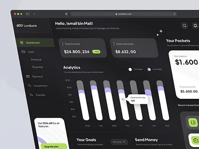 LordBank - Financial Dashboard bank account bank card banking chart credit card darkmode dashboard dashboard design finance app financial fintech money transfer oww transactions ui ux