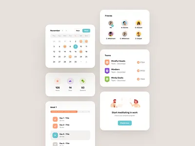 Mindy - Cards & Components app banner blocks calendar cards clean components dashboard design system elements illustration kpi level page progress styleguide tracker ui ux widelab