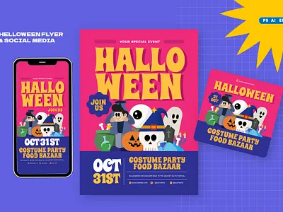 Halloween Flyer + Social Media cartoon character design draw flat illustration flatdesign fun halloweenn illustration retro vector