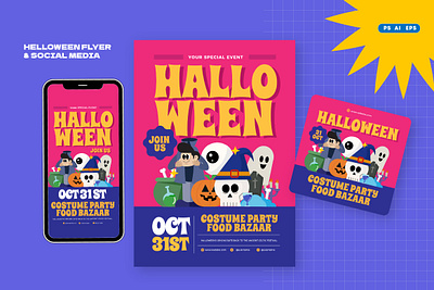 Halloween Flyer + Social Media cartoon character design draw flat illustration flatdesign fun halloweenn illustration retro vector