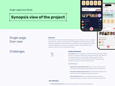 One Page UI/UX Case Study for Personal Finance App billmanagement budgetapp expensetracker financeapp financialwellness fintechdesign investmentapp moneymanagement personalfinance productdesign savingsgoals uidesign uxdesign