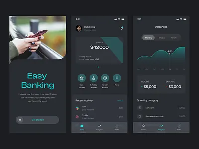 Finance App analytics page design black theme branding card design design designer easy banking finance app design hogoco hogoco studio home page design income and expense design jenisha dhas mobile app design mobile banking design net banking online banking ui ux welcome page design