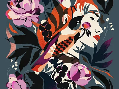 Peonies bird design flowers girl illustration ipadpro minimal nature pattern peonies redhair vector