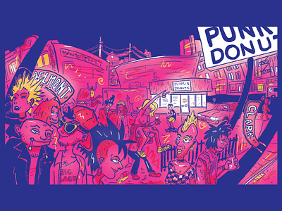 Editorial: Chicago Reader, 2020, "The Saga of Punkin Donuts" 80s 90s alternative weekly cartooning chicago cultural history culture digital illustration editorial illustration gradient illustration memphis style punk punk rock subculture