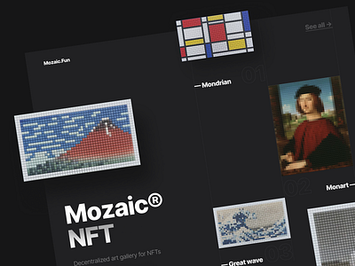 Mozaic – NFT decentralized art galery 3d artwork branding clean crypto decentralized design eth illustration landing page modern morva mozaic nft npw solana ui ux web3 website