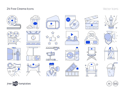 24 Free Cinema Icon Set (AI, SVG, PNG) cinema free freebie icon icon pack icon set icons movie