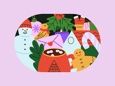 Winter Essentials ❄️⛄️ 2d art bird cocoa cozy drawing essentials gift gingerbread graphic illo illustration leaf letter santa snow snowing snowman vector winter