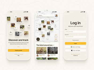 Kruger Animal Tracker africa animals app design login map onboarding orange safari sketchapp tracker ui