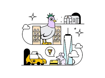 Waze NYC Culture Club illustration 2d after effects animation branding brownstones clouds editorial google illustration line logo motion new york nyc pigeon pizza rat subway taxi waze