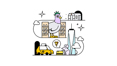 Waze NYC Culture Club illustration 2d after effects animation branding brownstones clouds editorial google illustration line logo motion new york nyc pigeon pizza rat subway taxi waze