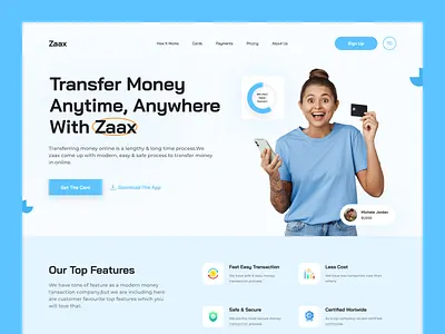 Zaax - Online Money Transfer Website credit card digital bank digital payment finance header hero section homepage landing page minimal ui money online online banking online money transfer online wallet payment ui ui design web design website