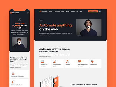 Stratalis – Automations automation business clean dark ui interface landing page minimalistic orange responsive web technology ui ux video web web page web scraping web site webflow website website design