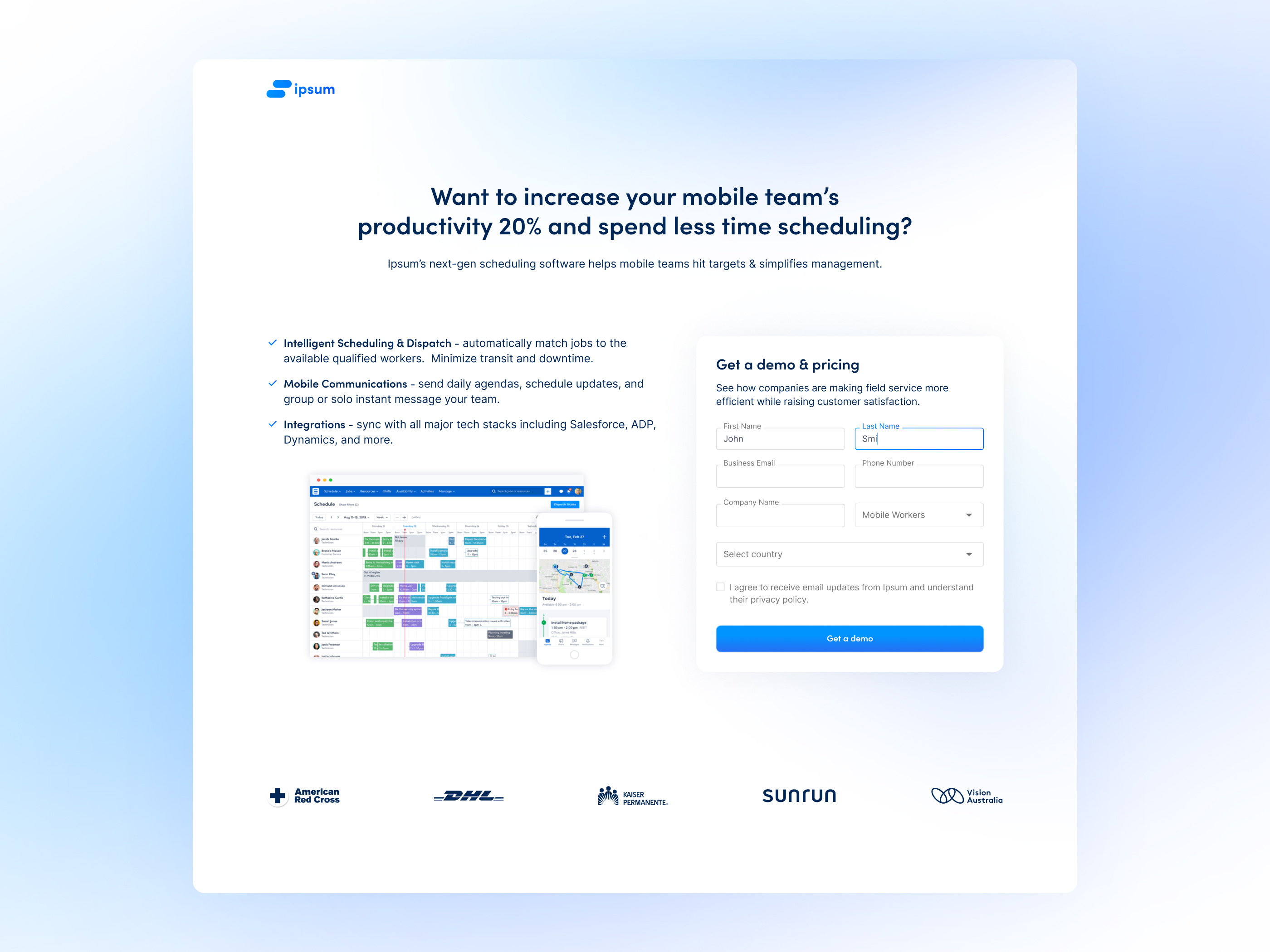 Get a demo page blue book demo form get gradient logo page request text field text fields ui ux