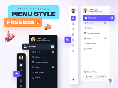 Navigation Drawer- Freebie 🔥 app app menu creative dark mode design figma free design freebie light mode menu style mobile app mockup nav bar navigation drawer side bar side nav ui ui design