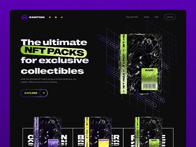 Rarition NFT Packs Landing Page blockchain collectibles pack crypto design koncepted landing page nft pack nft website nfts rarition trendy ui ui ui design ui design inspiration uiux visual design visuals nft web design website website design