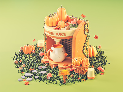 Pumpkin Juice 3d 3d illustration calabaza cinema 4d coffee cozy cup fall halloween illustration isometric juice low poly maker maple octane pumpkin stylized