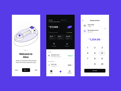 Alice | DeFi app balance branding cryptoapp decentralized finances defi defiapp earnings finance app financial app fintech identity mobile app payment personal finance savings