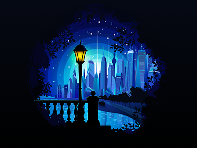 Street light art artstyle blue circle city coast darkblue illustration landscape madewithsketch nature negative night out of town park proart prokopenko scene sea street light