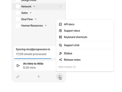 Attio β Sidebar Help Actions app attio clean crm dark functional design indicators interaction design light links menu minimal minimalistic modern navigation quick actions sidebar sleek ui ux