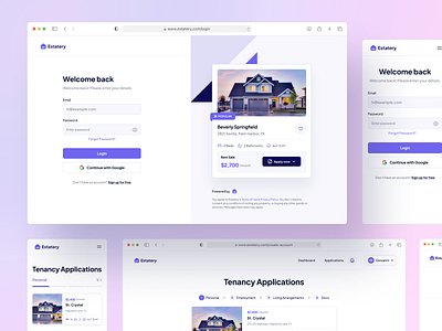 Estatery - Login & Create Account app architecture business design home house landing page login minimal mobile modern onboarding properties real estate rent sign up step ui ux website