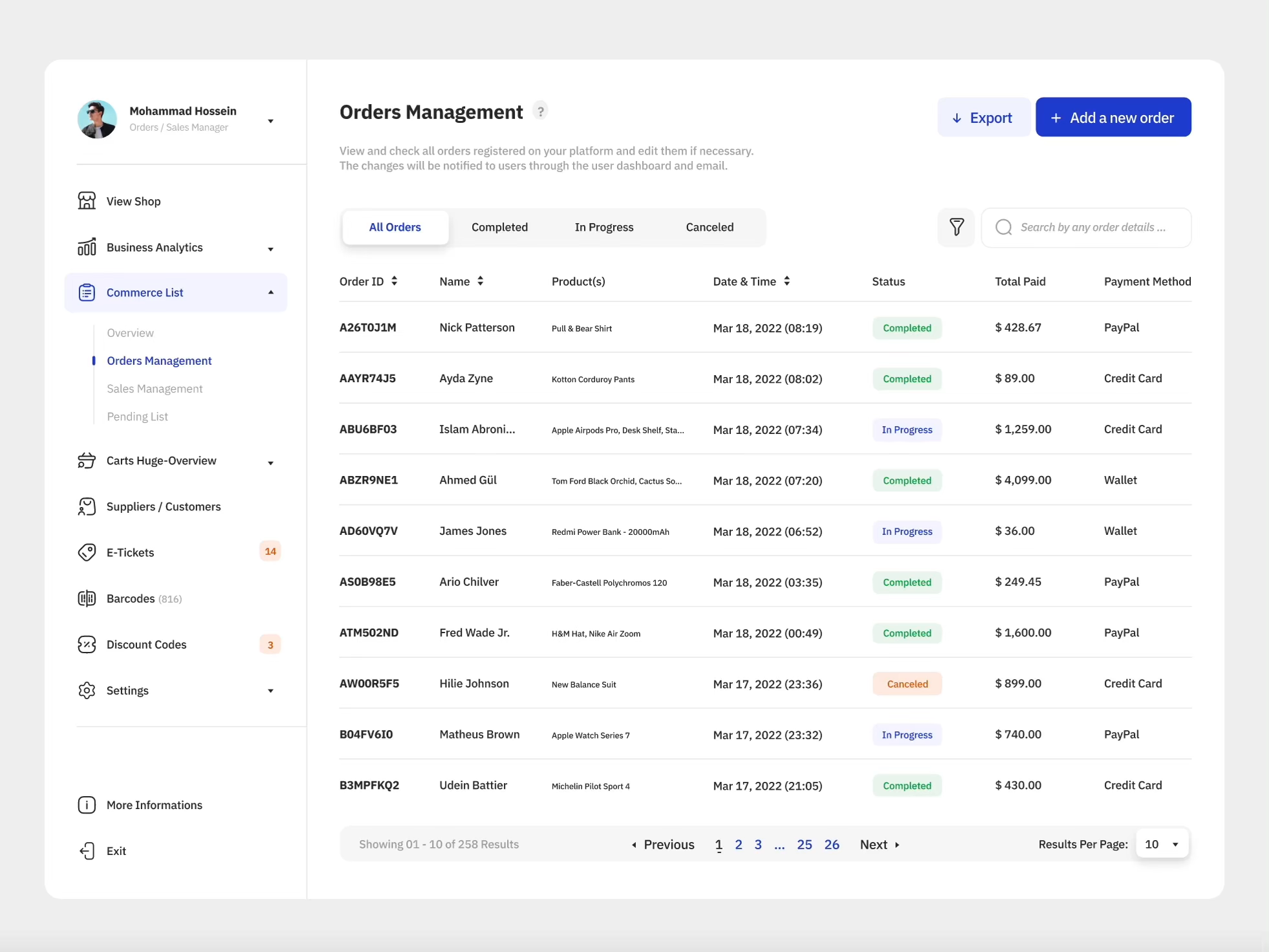 Ecommerce Management Dashboard by Ho3ein for Pela Design on Dribbble