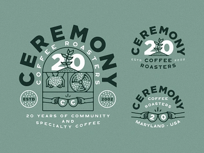 Ceremony Coffee 20 Years Badges 20 years anniversary badge cheers coffee coffee beans coffee plant coffee roasters community illustration lockup logo mug roasting specialty