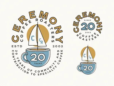 Ceremony Coffee 20 Years Badges 20 years anniversary badge beans boat ceremony coffee coffee mug coffee shop lockup logo maryland roaster roasting sailboat