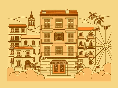 Cannes Cityscape Illustration buildings cannes city cityscape design ferris wheel festival de cannes film filmmakers fort worth hometeam illustration illustrator monoline palm trees vector