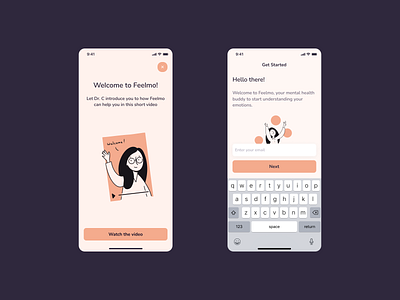 Feelmo - onboarding & sign up branding cbt design emotions feelings illustration illustrator journal mental health onboarding orange pink procreate purple sign up therapy ui vector video watch