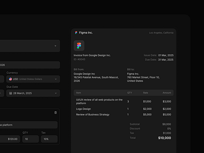 Invoice Creator - Dark Mode clean components design field forms interface invoice invoices items manage minimal payments product saas settings ui ui design ux ux design web