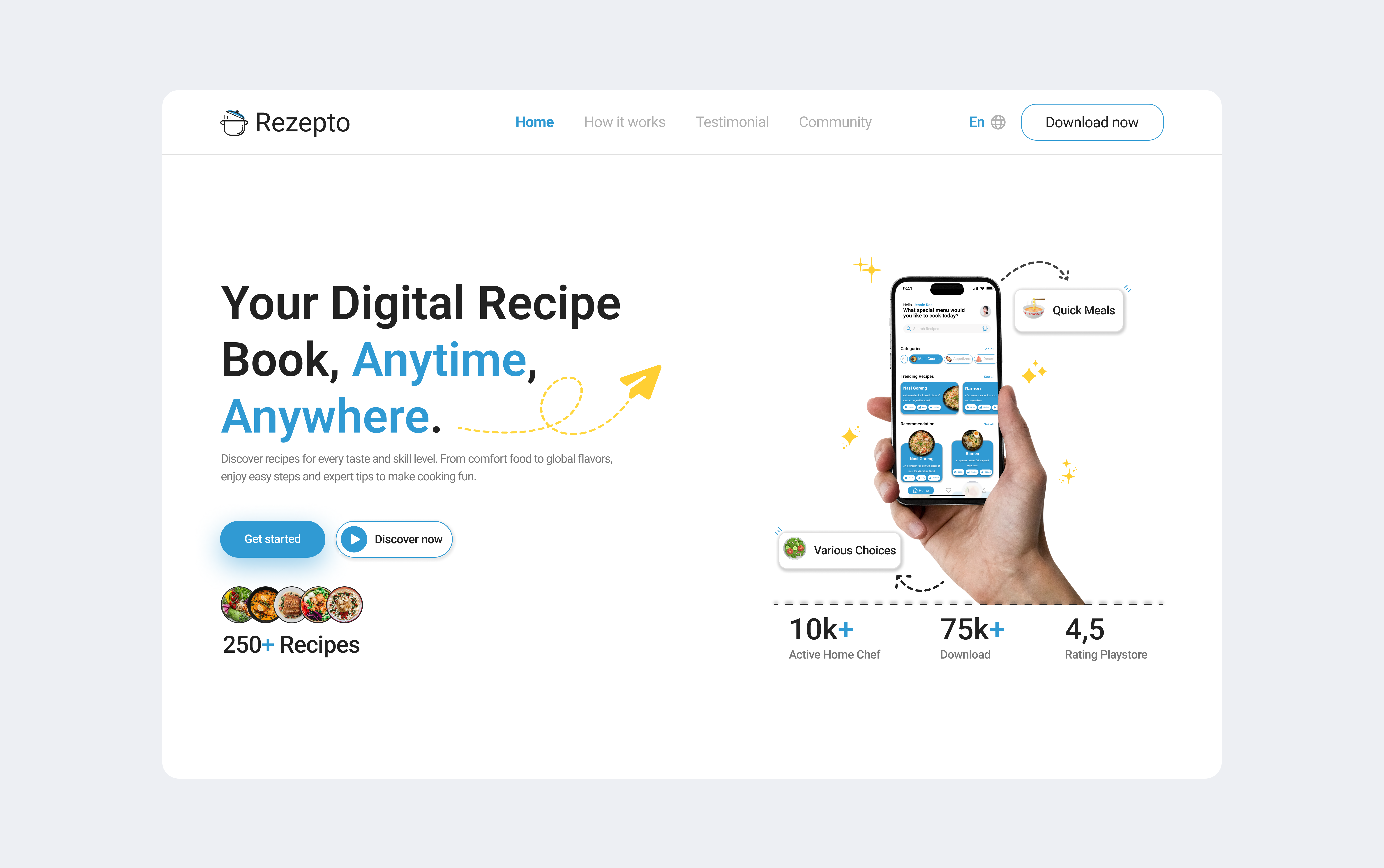 Rezepto - Recipe App Landing Page [ Hero Section] app blue branding calm design foods graphic design hero indonesia landing page logo mobile pastel recipe rezepto typography ui ux website white