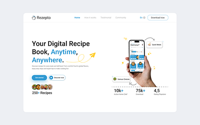 Rezepto - Recipe App Landing Page [ Hero Section] app blue branding calm design foods graphic design hero indonesia landing page logo mobile pastel recipe rezepto typography ui ux website white