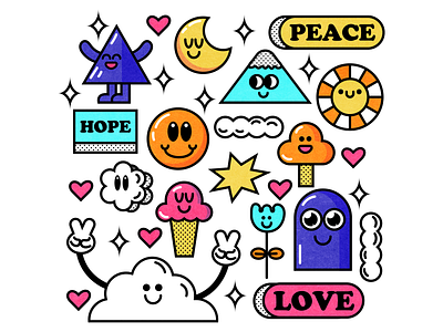Peace Hope Love blue color fun happy hope illustration love orange peace pink vector yellow