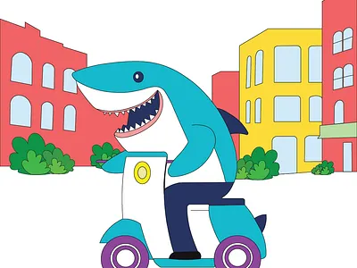 Fin-Tastic Ride🦈🛵 adobe illustrator bold colors character design city life creativity digital art dribble dribble art dribble illustration graphic design illustration playful art shark ui vector art