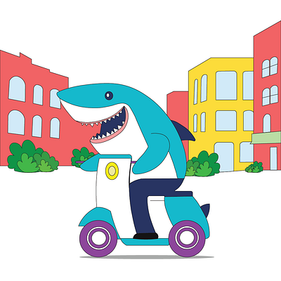 Fin-Tastic Ride🦈🛵 adobe illustrator bold colors character design city life creativity digital art dribble dribble art dribble illustration graphic design illustration playful art shark ui vector art