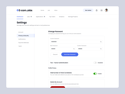 Job Finder Dashboard Privacy & Security Settings dashboard dashboard ui freelancers hiring platform job finder job portal jobseeker product design recruitment recruitment website saas security settings setting profile settings user panel vacancies web application web interface design web ui design