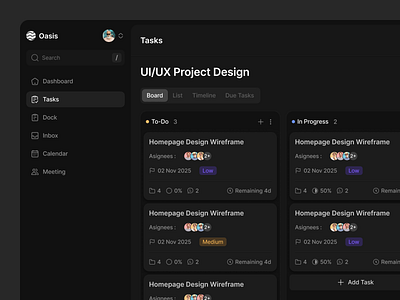 Oasis - Task Management Dashboard card complex dark theme dashboard dashboard design design minimalist planner dashboard project management project management web task task management task management web task tracker to do ui ux web web app website