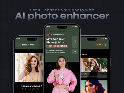 AI Photo Enhancer App – Transforming Images with One Tap! app ui app ux branding creative design design figma graphic design illustration landing page logo motion graphics ui user friendly