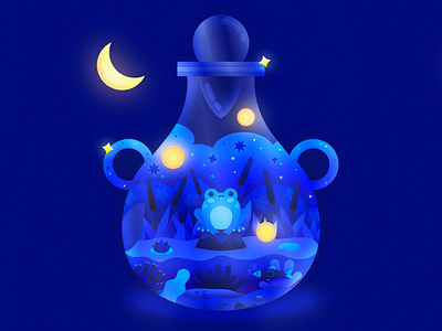 Peachtober 2022: Potion amphibian bottle concept design fireflies forest frog glass illustration landscape nature pond potion stars swamp underwater vector water witches woods