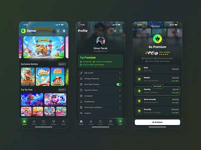 Online gaming app explore game gaming ui home mobile app online game premium profile