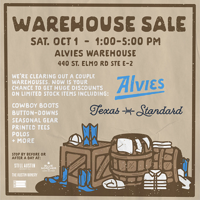 Warehouse Sale Flyer - Texas Standard + Alvies Boots boots clothing cowboy flyer graphic design poster sale texas vintage western wild west