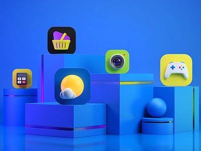 Smart market 3D icons for Milkinside 3d c4d calc calculator camera cart clouds game green icons illustration licking market play player realistic shopping smart stage weather