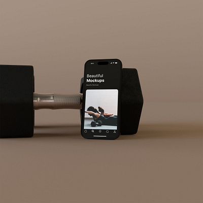 Free iPhone Workout Mockup beige dumbbell exercise iphone mockup photoshop pro psd studio