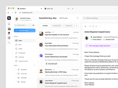 MailMind - Email App app clean dashboard design emai email email design gmail inbox interface light mail mailbox mailing minimal navigation search sidebar user interface web app
